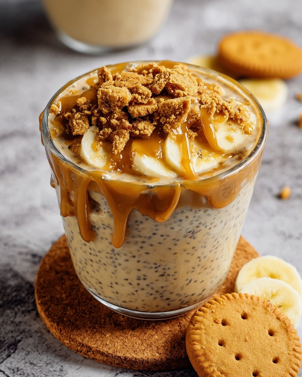 The image shows a clear glass filled with a creamy beige pudding that has small dark chia seeds spread evenly throughout. On top, there is a thick layer of light brown peanut butter with a smooth texture, and a single slice of banana sits on the peanut butter, partially leaning to the side. A woman's hand holds a spoon, scooping some peanut butter from the glass. The glass is placed on a round cork coaster, and next to it on the white marbled surface lies a single light brown cookie with a detailed embossed design. Scattered crumbs and small pieces of granola add texture around the glass. Photo taken with an iphone --ar 4:5 --v 7