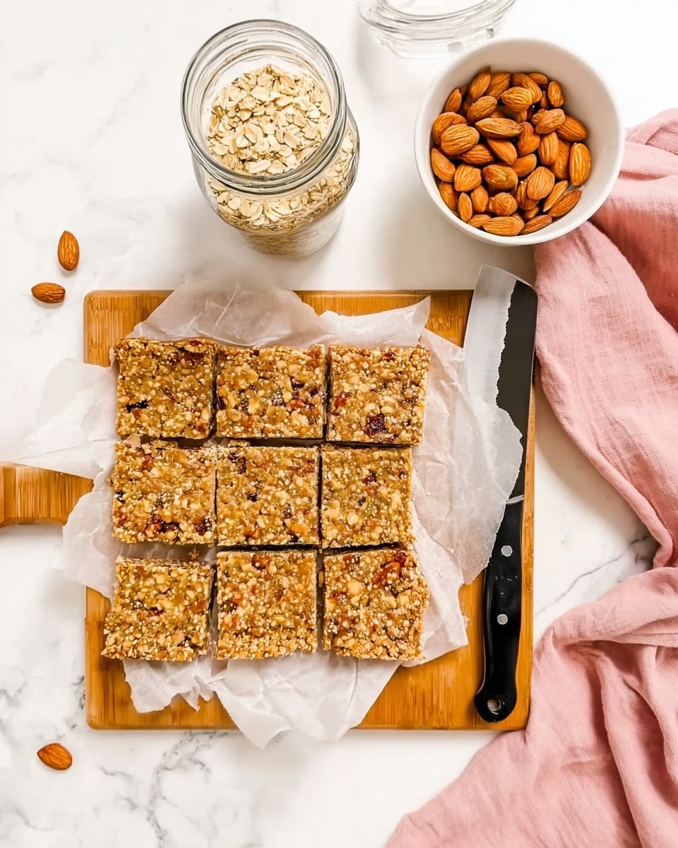 The image shows a wooden board on a white marbled surface with a pink cloth to the top right and a large knife with a black handle and wooden part near the blade resting beside it. On the board is a square baking tray lined with white parchment paper, holding nine oat and nut bars cut into squares. The bars have a rough texture with visible oats, small chopped nuts, and seeds scattered evenly throughout, giving a golden-brown color overall. Above the board, there is a clear glass jar filled with oats on the left and a small white bowl filled with whole almonds next to it. The scene is bright and clean with a fresh and simple style. Photo taken with an iphone --ar 4:5 --v 7