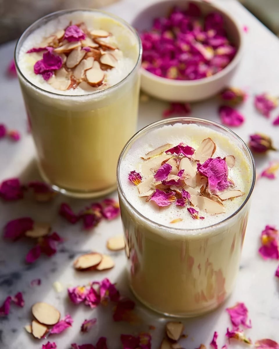 A clear glass filled with a creamy light yellow drink, topped with small pink flower petals, a few almond slices, and green cardamom seeds scattered on the surface. The glass is placed on a white marbled surface with some pink petals and almond pieces scattered around. Another glass partially visible in the background, also containing the same creamy drink. Photo taken with an iphone --ar 4:5 --v 7
