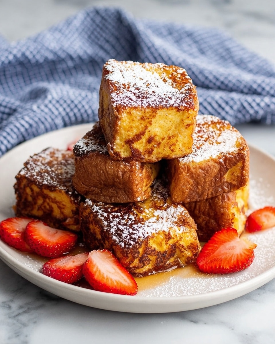 A white plate on a white marbled surface shows a stack of five thick, square-shaped golden-brown French toast cubes with a light dusting of powdered sugar on top. The toast cubes are slightly shiny and crispy on the outside, with some darker caramelized spots. Fresh red strawberry slices are placed around the base of the stack, adding a bright pop of color against the toast and plate. In the background, a blue and white checkered cloth is softly folded. photo taken with an iphone --ar 4:5 --v 7