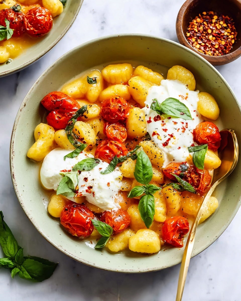 A white bowl filled with three main layers: the first layer is golden-yellow gnocchi with a shiny, soft texture, scattered throughout the dish; on top of the gnocchi are bright red roasted cherry tomatoes with slightly wrinkled skin, showing a cooked look; the third layer has dollops of white creamy cheese, sprinkled with black pepper and red chili flakes. Fresh green basil leaves are placed on top for garnish, adding bursts of color. A gold spoon is partially visible on the right side inside the bowl. The bowl rests on a white marbled surface, with a small brown bowl containing red pepper flakes in the background. Photo taken with an iphone --ar 4:5 --v 7