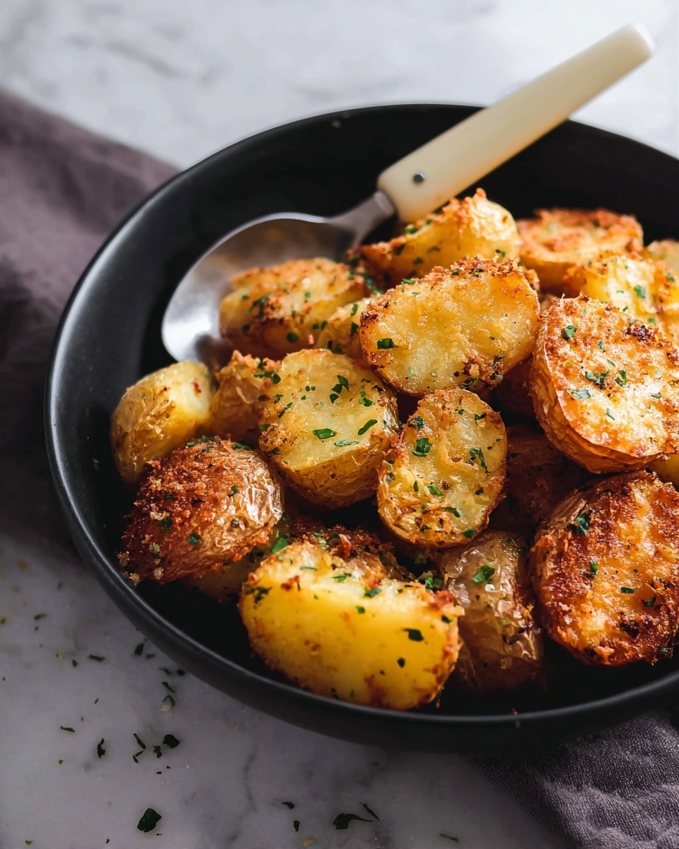 The image shows a black bowl filled with golden brown roasted potato halves, each with a crispy texture and a light sprinkle of green herbs on them. The potatoes have a rough, slightly crumbly surface, indicating a seasoned crust. Inside the bowl, a white spoon with a beige handle rests among the potatoes. The bowl and spoon sit on a white marbled surface with small green herb bits scattered around. The lighting highlights the crispy edges and soft potato insides, making the dish look warm and inviting photo taken with an iphone --ar 4:5 --v 7