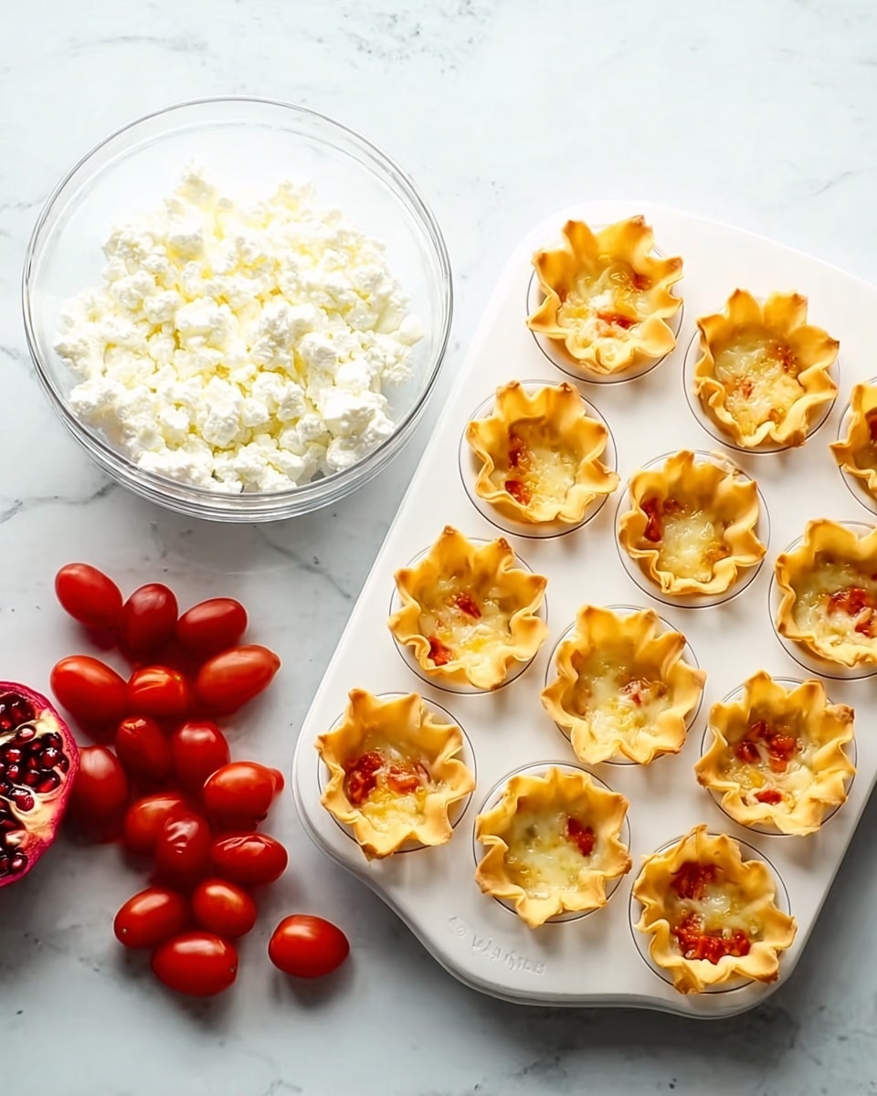The image shows a white egg tray filled with eleven small, baked, golden brown tart shells with ruffled edges arranged neatly inside each slot. To the left, there is a clear glass bowl filled with white cottage cheese, and below that a red pomegranate half with seeds showing inside. Several red cherry tomatoes are scattered next to the bowl on a white marbled surface, giving a fresh, colorful look. The lighting is bright and natural, highlighting the warm tones of the tart shells and the freshness of the ingredients. Photo taken with an iphone --ar 4:5 --v 7