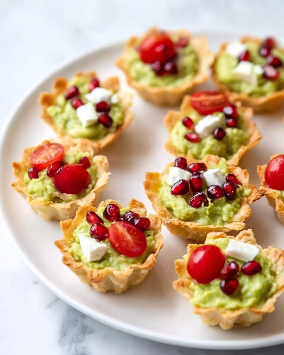 A white plate holds several small tartlets arranged loosely, each made up of a crispy, golden, fluted pastry shell filled with smooth, bright green avocado spread. Some tartlets are topped with small pieces of white cheese, others with a few shiny red pomegranate seeds, and a few have halves of small red cherry tomatoes on top. The plate rests on a white marbled surface, enhancing the fresh and colorful look of the tartlets. Photo taken with an iphone --ar 4:5 --v 7