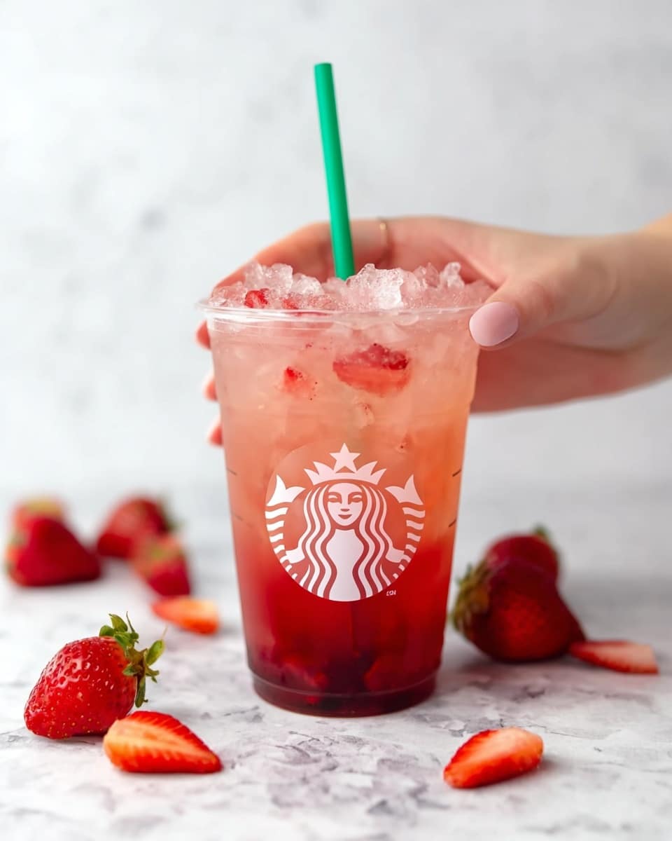 A clear plastic cup filled with a red and pink layered iced drink with crushed ice on top, showing a gradient from dark red at the bottom to lighter pink near the top, with small strawberry pieces visible inside. A woman's hand is holding a green straw inserted into the drink. Around the cup, there are whole and broken strawberries scattered on a white marbled surface. The cup features the white Starbucks logo on the front. Photo taken with an iphone --ar 4:5 --v 7