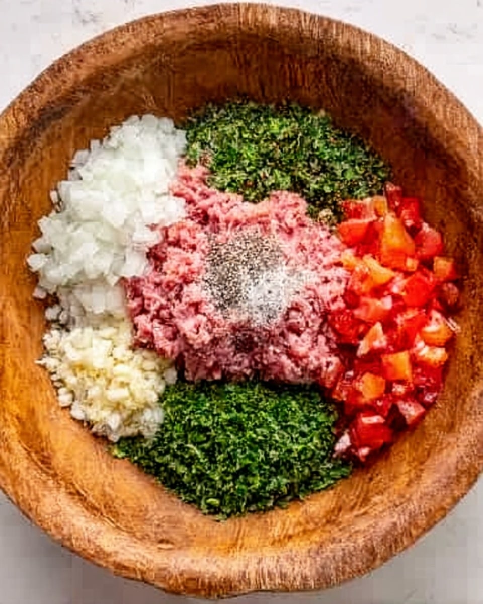 In a wooden bowl with a white marbled background, there are six separate layers of ingredients placed side by side. At the bottom center, there is pink ground meat with a coarse texture. On top of the meat, a patch of fine black pepper and white salt is sprinkled. To the left, there is a pile of finely chopped white onions with a slightly wet texture. Above the ground meat, minced green herbs create a fresh, leafy layer. Next to the herbs, small bits of finely chopped garlic sit in a pale beige cluster. To the right, a mound of diced red tomatoes with a juicy look adds vibrant color. photo taken with an iphone --ar 4:5 --v 7