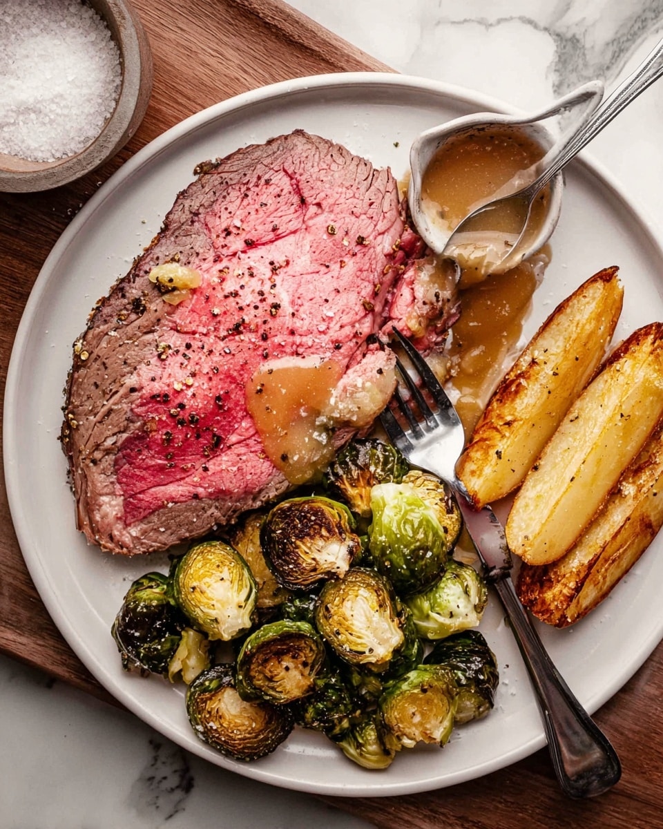 A white plate holds three main food parts: one large slice of pink roast beef with edges of brown crust sprinkled with coarse salt and black pepper, placed on the left side; a pile of roasted green Brussels sprouts with browned, crispy edges centered at the bottom; and three thick, golden-brown potato wedges arranged in a row on the right side. A spoon drizzles brown gravy over the beef, and a fork and knife are positioned near the Brussels sprouts. The plate sits on a wooden surface next to a small bowl of salt, all against a white marbled background. photo taken with an iphone --ar 4:5 --v 7