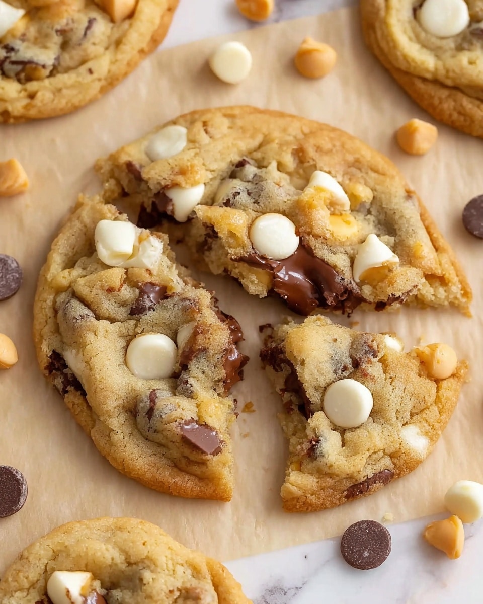 The image shows a close-up of a chocolate chip cookie that is broken into pieces, placed on light brown parchment paper over a white marbled surface. The cookie has a golden-brown color with a soft, chewy texture and is filled with melted dark chocolate, white chocolate, and light caramel chips that are scattered on top and inside the cookie. Around the cookie, more caramel, white, and dark chocolate chips are sprinkled randomly on the parchment paper. The cookie's uneven broken edges reveal the gooey chocolate filling inside. Photo taken with an iphone --ar 4:5 --v 7