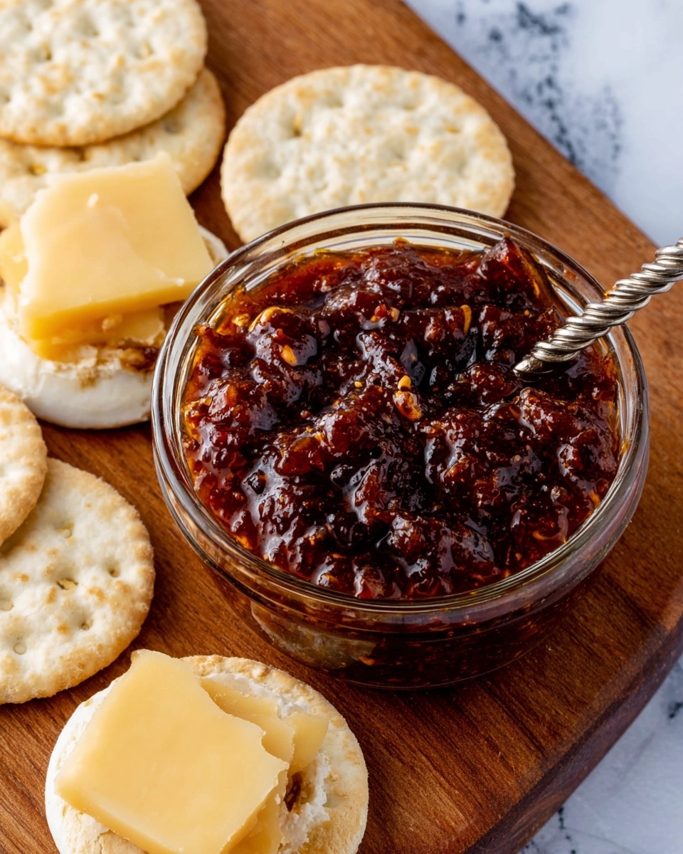 The image shows a close-up of a small clear glass bowl filled with a thick, dark reddish-brown chunky sauce that has a shiny texture. A twisted silver spoon is placed inside the bowl. Next to the bowl, there is a white round cracker topped with a slice of pale yellow cheese and a layer of the chunky sauce. More slices of the same pale yellow cheese and plain white round crackers are arranged around the bowl on a wooden board, which rests on a white marbled surface. photo taken with an iphone --ar 4:5 --v 7