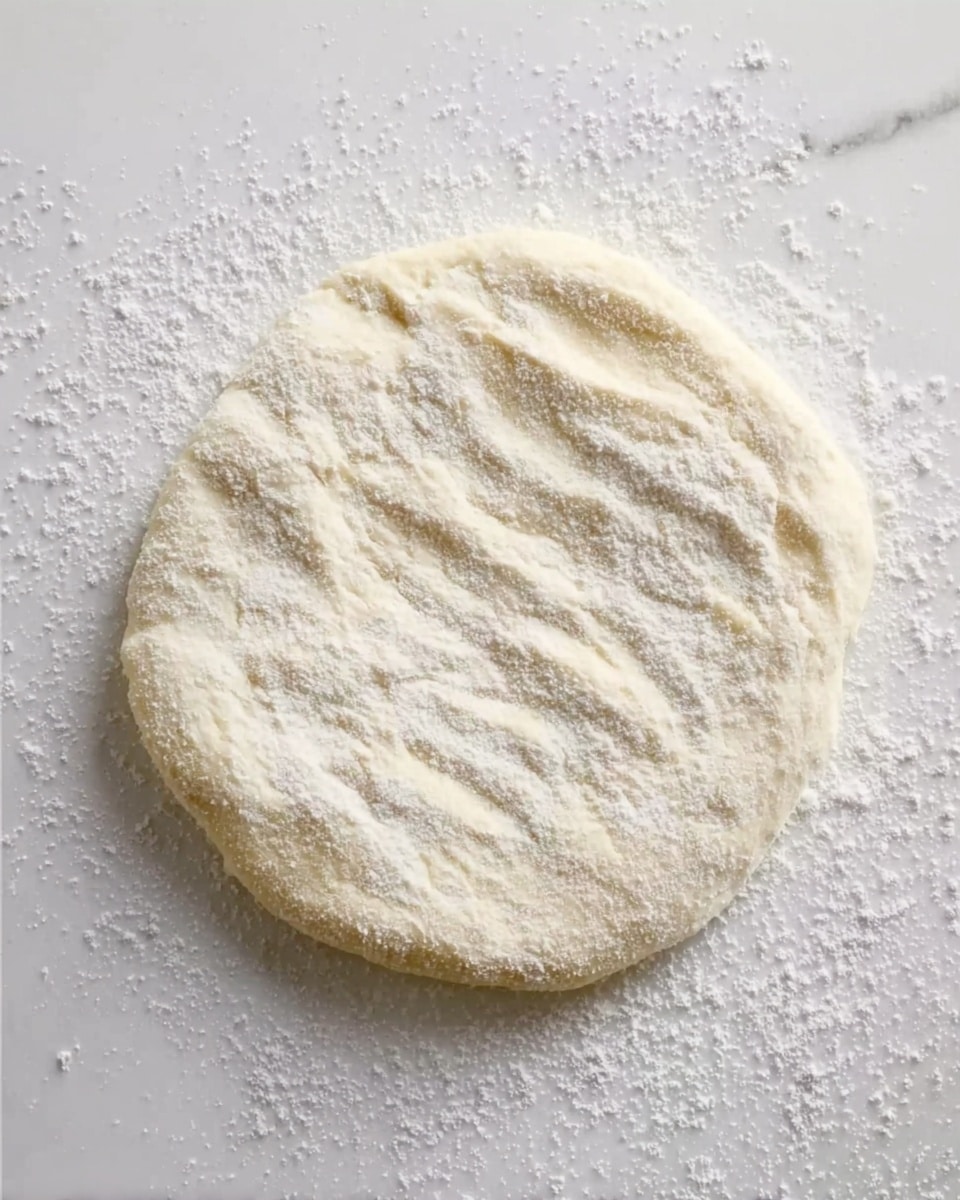 A round piece of dough is shown resting on a white marbled surface, dusted lightly with flour. The dough has faint, even indentations pressing down across its surface, giving it a textured look with soft shadows in the grooves. The edges are smooth and slightly thicker than the center, which appears thin and stretched. Small scattered flour particles surround the dough, highlighting its softness and readiness for the next step in cooking. Photo taken with an iphone --ar 4:5 --v 7