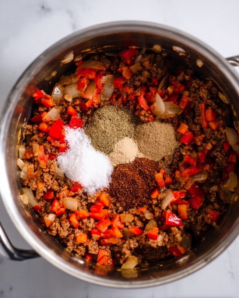 A close-up top view of a steel pot filled with cooked ground meat mixed with small chopped red bell peppers and translucent cooked onions. In the center, there are three clear piles of dry spices: one dark brown, one light brown, and one white salt. The pot handles appear on each side, and the pot sits on a white marbled surface. photo taken with an iphone --ar 4:5 --v 7