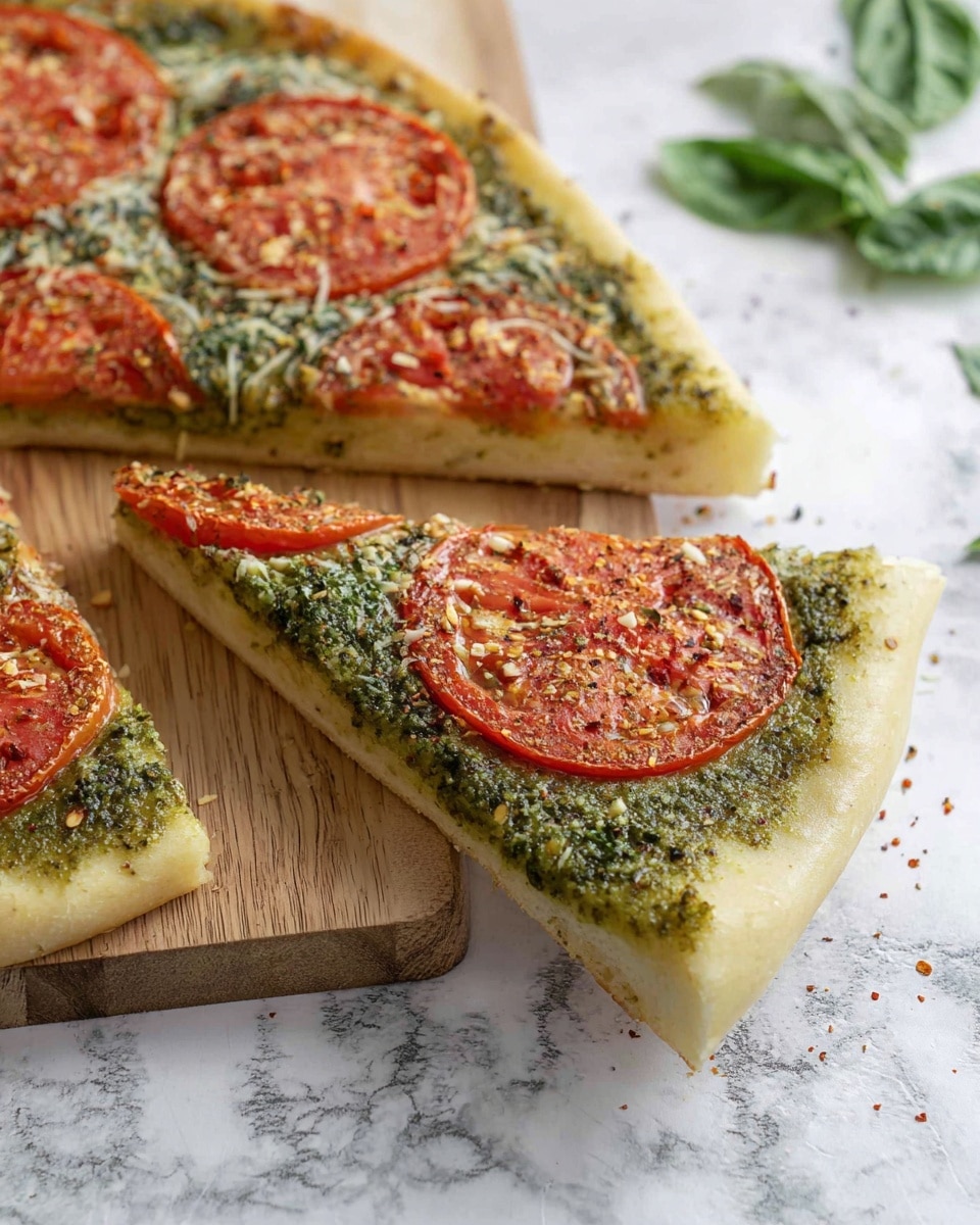 The image shows slices of pizza on a wooden board placed on a white marbled surface. The pizza has two main layers: a thick and soft light beige crust and a top layer covered with green pesto sauce that appears textured with small bits. On top of the pesto, there are several thin, vibrant red tomato slices spread evenly. The tomatoes are sprinkled with a light layer of grated cheese and chili flakes. Some green leafy herbs are visible near the top right corner of the white marbled surface. Photo taken with an iphone --ar 4:5 --v 7