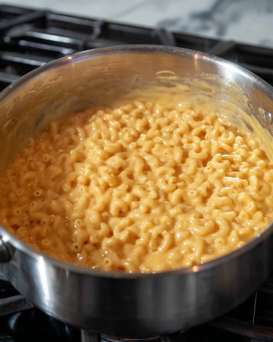 A close-up view of a metal pot filled with creamy, light orange macaroni and cheese cooking on a stove. The macaroni noodles are small and curved, evenly coated in a smooth cheese sauce that looks thick and slightly bubbly. The pot has a shiny silver surface, reflecting a bit of light. The background shows parts of the stove with dark metal grates, all placed on a white marbled texture surface. photo taken with an iphone --ar 4:5 --v 7