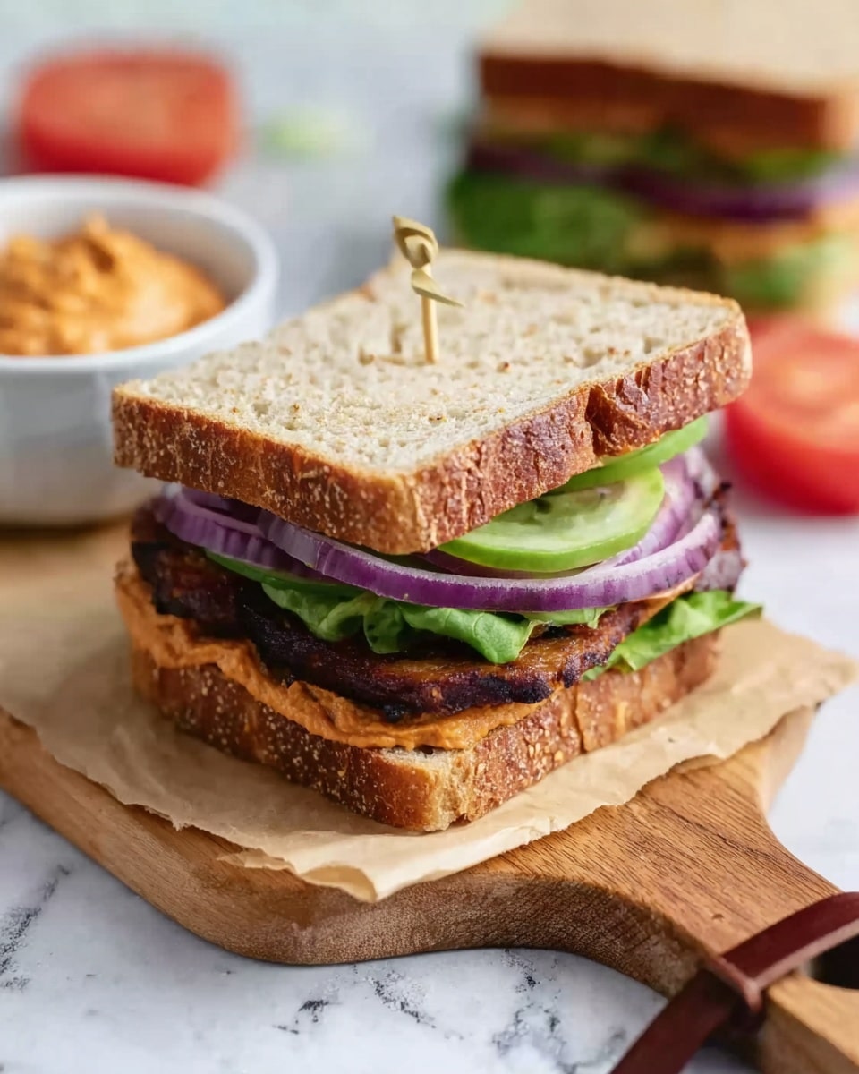 The image shows a sandwich with four clear layers. The bottom layer is a slice of light brown bread with a crumbly texture. On top of this is a creamy orange sauce spread evenly. Above the sauce is a piece of dark brown grilled meat, slightly charred on the edges. Sitting next is a bright red slice of tomato, followed by two thick rings of purple onion. The onion is topped with a few green lettuce leaves, and the sandwich is finished with another slice of the same light brown bread on top. The sandwich is placed on a light wood board, and the background is a white marbled surface with blurred tomatoes and a white bowl of orange spread in the back. photo taken with an iphone --ar 4:5 --v 7