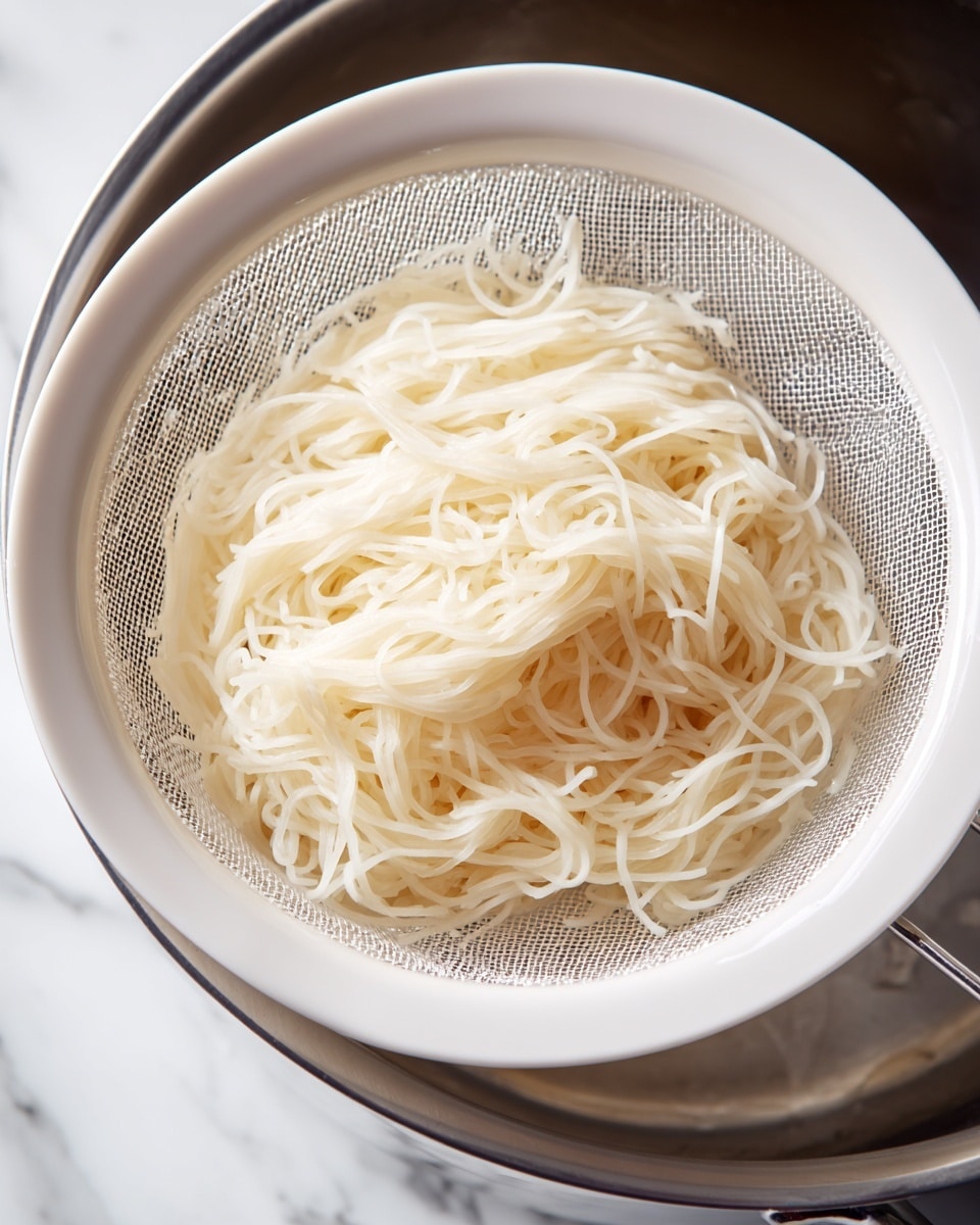 The image shows a close-up of white flat noodles resting inside a white fine mesh strainer. The noodles appear soft and slightly shiny, loosely piled in the center of the strainer with some strands twisted and overlapping each other. The strainer is positioned inside a shiny silver pot, with the pot’s rim partly visible. The background features a white marbled surface, creating a clean and simple setting. Photo taken with an iphone --ar 4:5 --v 7
