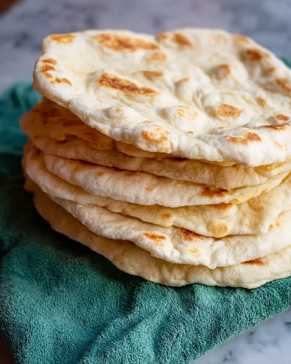 A stack of about six soft, light brown flatbreads with an uneven and slightly puffed texture, each flatbread showing some airy bubbles and golden spots, placed on a green cloth on a white marbled surface. The flatbreads appear round with irregular edges and visible layers where they fold slightly. The colors range from creamy beige to light golden brown, highlighting the cooking marks. The overall look is warm and fresh. photo taken with an iphone --ar 4:5 --v 7
