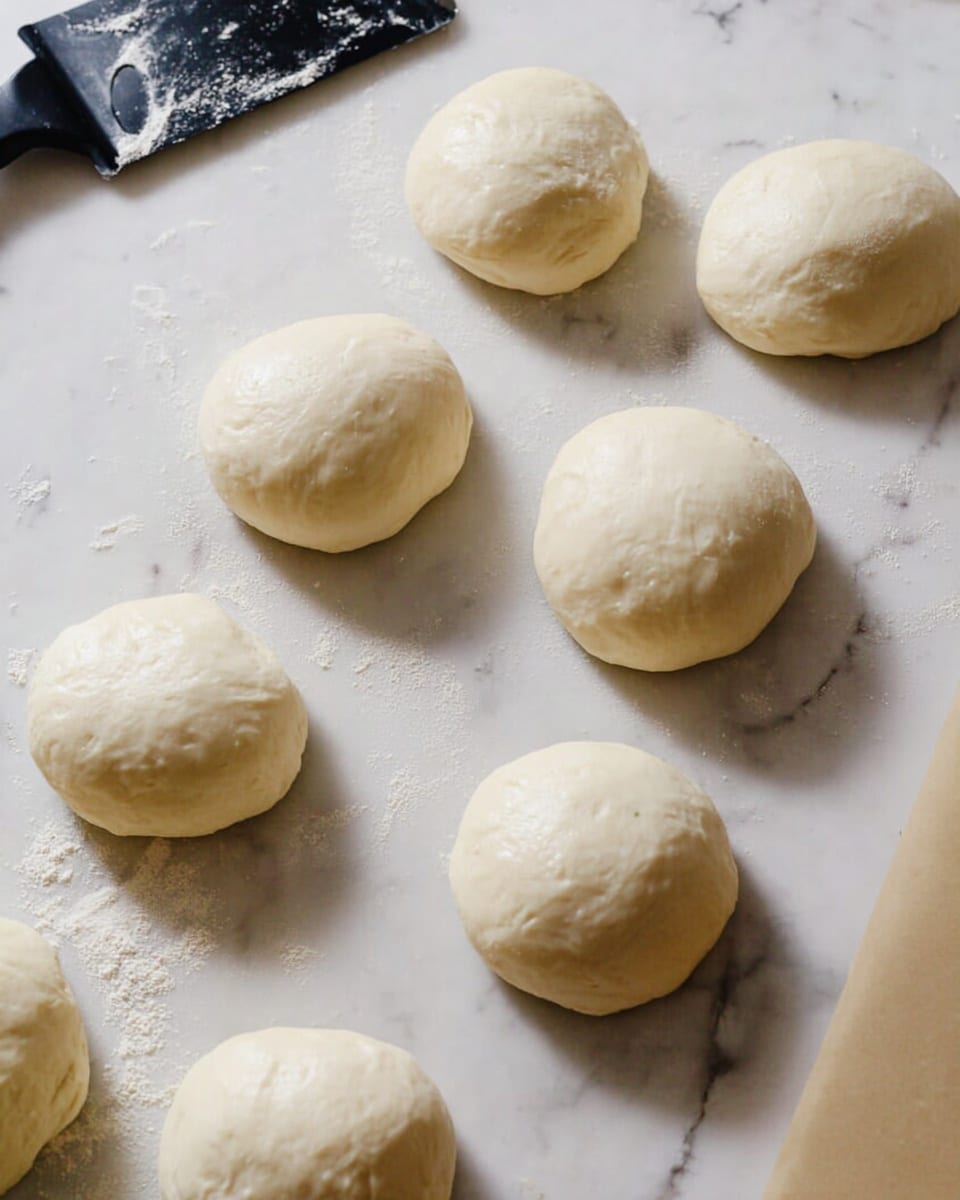 The image shows eight smooth, round dough balls spaced out on a white marbled surface. Each dough ball has a pale, creamy color with a slightly shiny, soft texture. The dough balls are arranged in a loose group across the surface, with slight irregularities in shape, making them look handmade. On the left side, there is a black dough scraper with some white flour on it, and on the right side, there is a beige baking sheet partially visible. The lighting is soft and natural, giving the dough a fresh and fluffy appearance. photo taken with an iphone --ar 4:5 --v 7