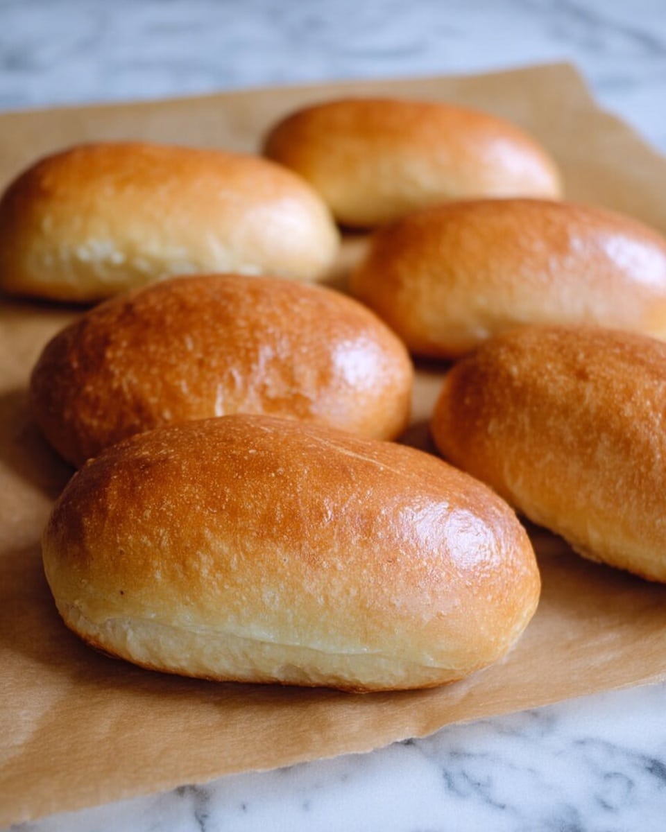 There are six golden-brown bread rolls with a shiny and smooth texture, arranged on a sheet of brown parchment paper. The rolls have a soft, rounded shape and slight cracking on the surface, showing a light crust. The background is a white marbled texture, giving a clean and simple setting to the fresh bread photo taken with an iphone --ar 4:5 --v 7