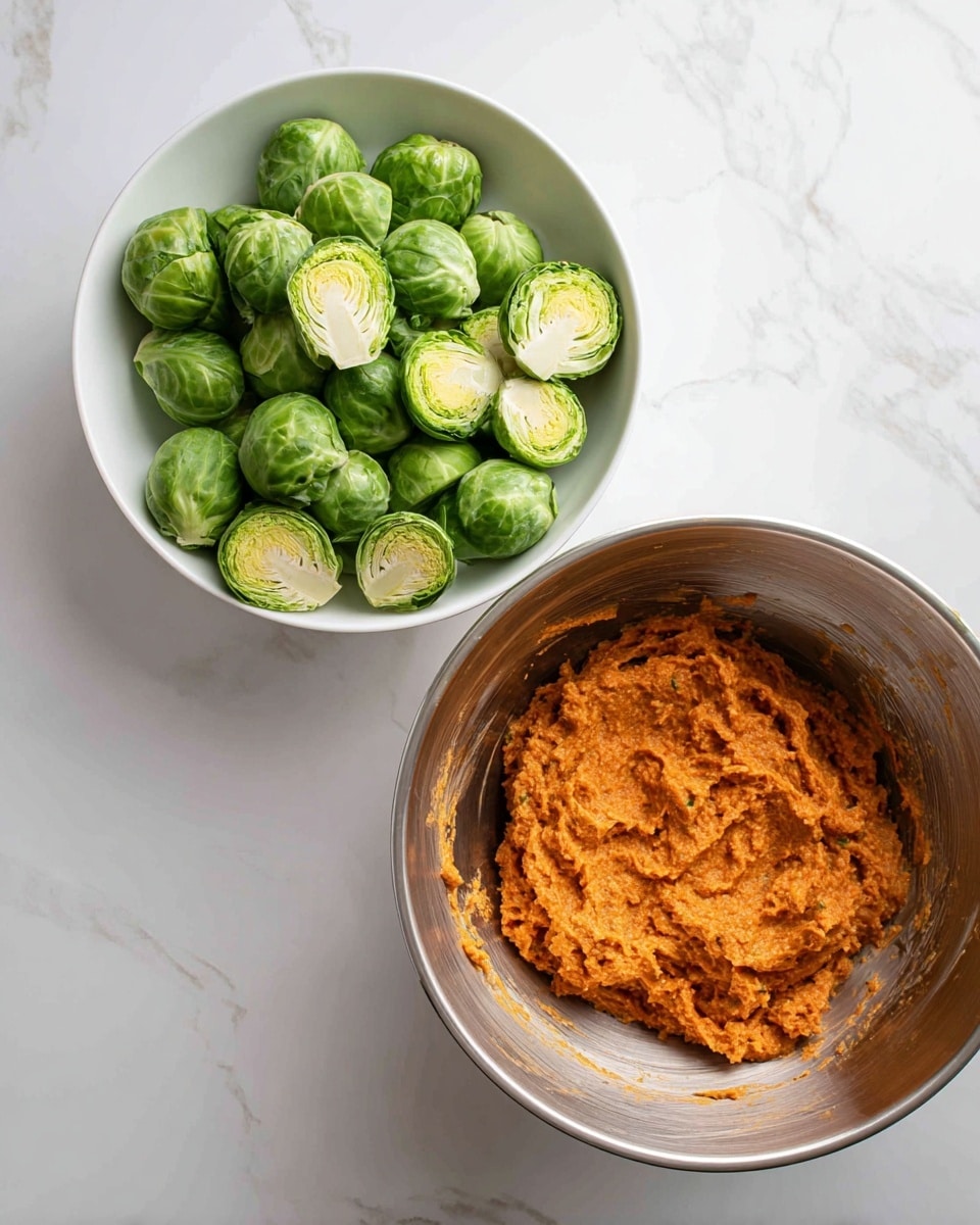 The image shows two bowls on a white marbled surface. The bowl on the left is white and filled with halved Brussels sprouts, showing bright green outer leaves and lighter green inner layers with a fresh, crisp texture. The bowl on the right is a shiny metal mixing bowl containing a thick, chunky orange-colored mixture, which has a slightly wet texture and uneven surface. Photo taken with an iphone --ar 4:5 --v 7