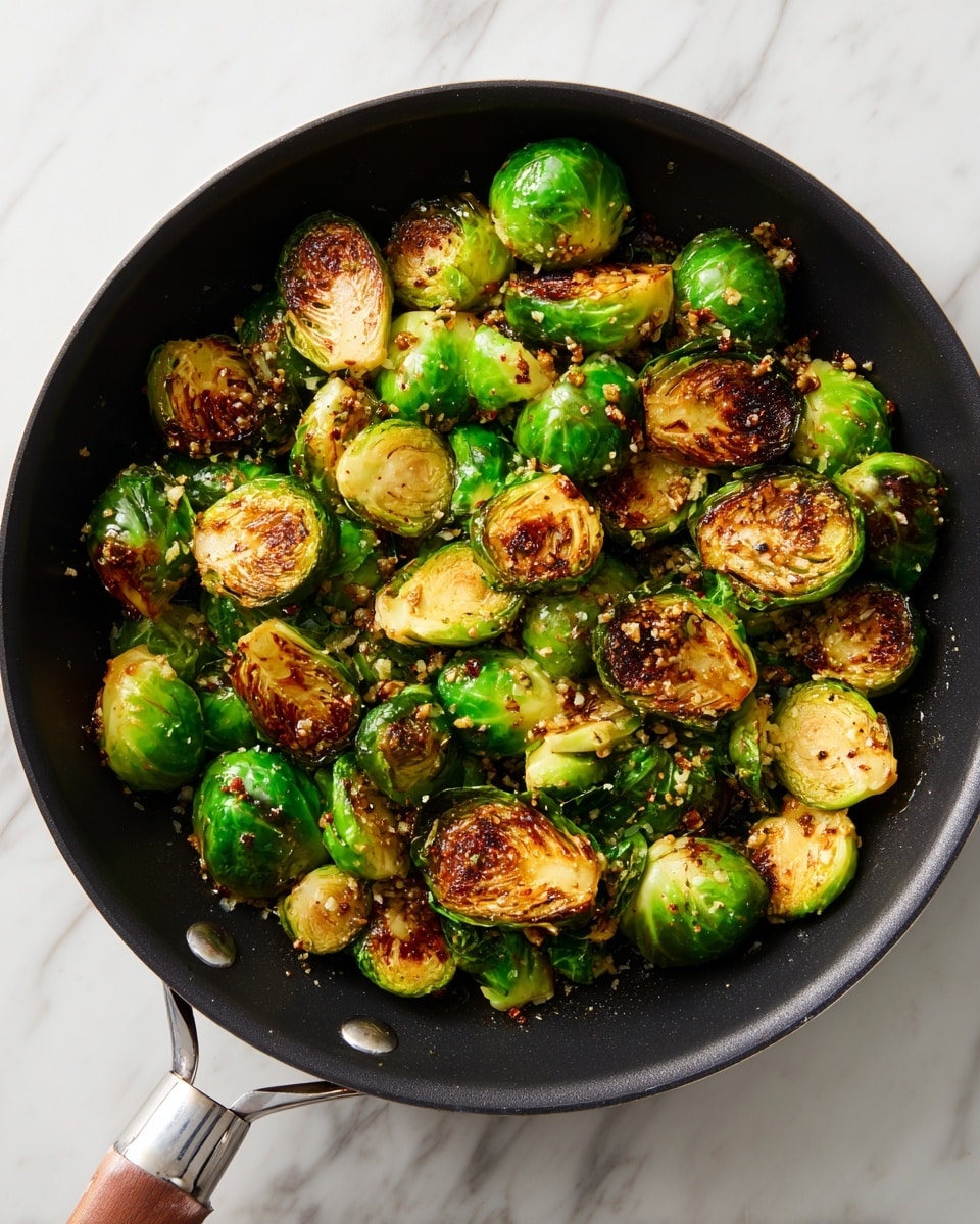 The image shows a black frying pan filled with cooked Brussels sprouts that have a mix of green and golden-brown colors with some charred spots. The Brussels sprouts are cut into halves or quarters, creating layers of tightly packed leaves with a slightly crisp and caramelized texture. Small bits of browned seasoning or possibly garlic are scattered evenly among the sprouts. The pan is placed on a white marbled surface, and the handle of the pan is visible with a silver metal attachment and a brown grip. Photo taken with an iphone --ar 4:5 --v 7