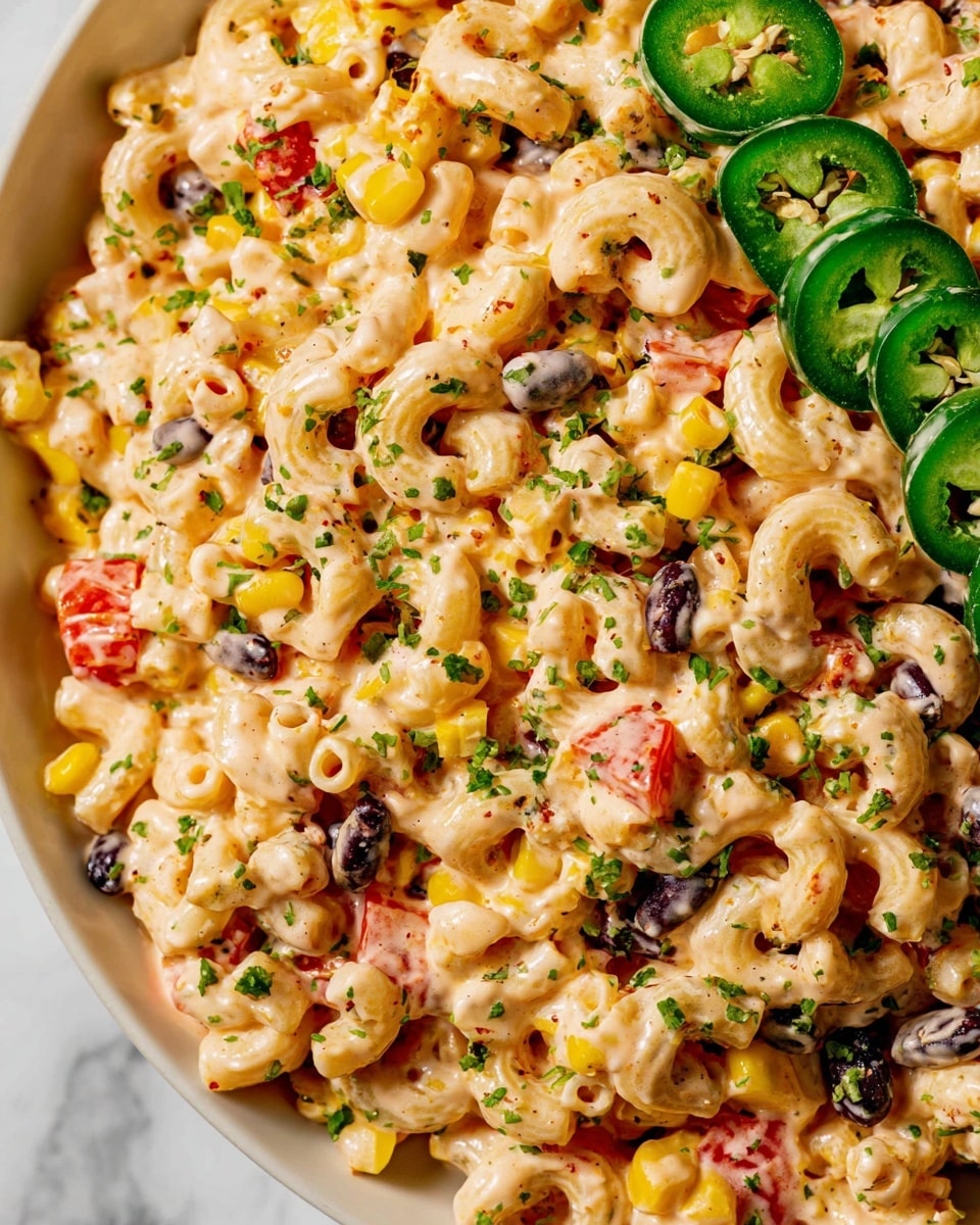 A close-up view of creamy macaroni salad in a white bowl, featuring soft, pale yellow macaroni pasta mixed with bright yellow corn kernels, small black beans, and shiny red bell pepper pieces. The salad is covered in a thick, light orange creamy dressing with visible specks of spices, and sprinkled with chopped green herbs evenly throughout. On one side, there are four green jalapeño slices arranged in a neat row on top. The bowl sits on a white marbled surface. photo taken with an iphone --ar 4:5 --v 7