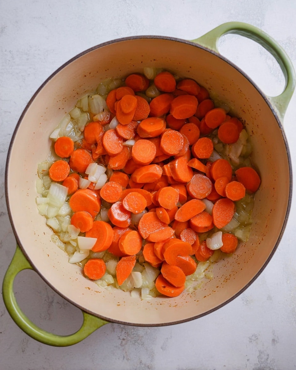 A top view of a large round pot with light tan interior and green handles, filled with two layers of cooked vegetables. The bottom layer has soft, transparent chopped onions with a shiny, wet texture. The top layer shows bright orange carrot slices, cut into thick rounds and spread evenly across the onions. The pot rests on a white marbled surface. Photo taken with an iphone --ar 4:5 --v 7