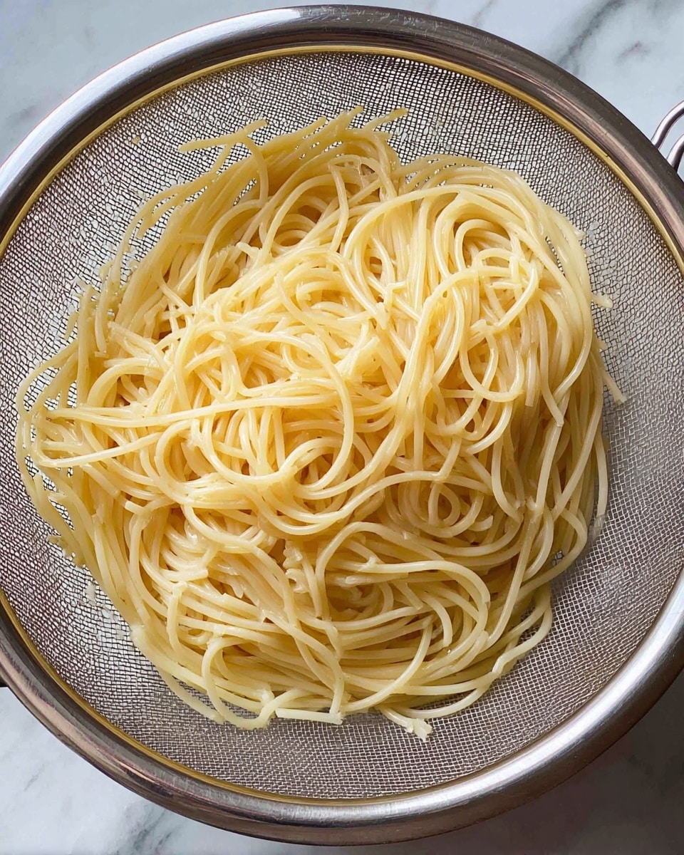 A shiny silver strainer is filled with pale yellow cooked spaghetti noodles. The noodles are smooth and intertwined, creating a thick layer that fills the middle of the strainer. The strainer sits on a surface with a white marbled texture visible around its edges. Photo taken with an iphone --ar 4:5 --v 7