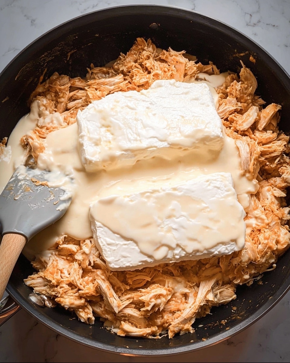 The image shows a black pan filled with shredded orange-tinted chicken as the bottom layer. On top of the chicken, there are two large blocks of smooth and creamy white cheese placed side by side in the center. A thick layer of light beige sauce is spread over the cheese and chicken, adding a glossy texture. There is also a gray spoon with a wooden handle resting in the pan near the left edge, partially covered in some chicken and sauce. The background surface is a white marbled texture. photo taken with an iphone --ar 4:5 --v 7