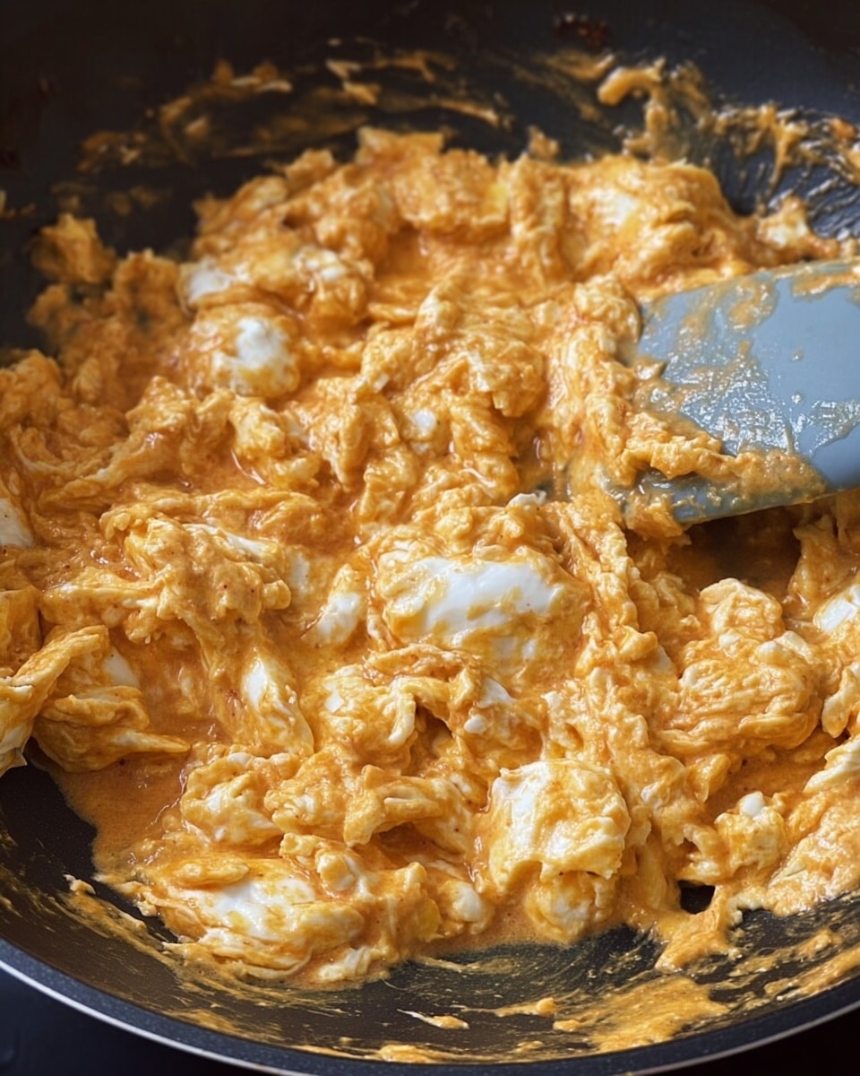 The image shows a dark pan filled with soft scrambled eggs mixed with a reddish-orange sauce. The eggs appear creamy and slightly chunky with white and light yellow parts visible, coated unevenly with the sauce which gives it a glossy texture. A gray spatula with food on it is stirring the mixture, positioned near the center of the pan. The background surface is not visible but the pan edges are black and shiny from cooking. The scene focuses closely on the eggs in the pan, showing rich textures and moistness. photo taken with an iphone --ar 4:5 --v 7