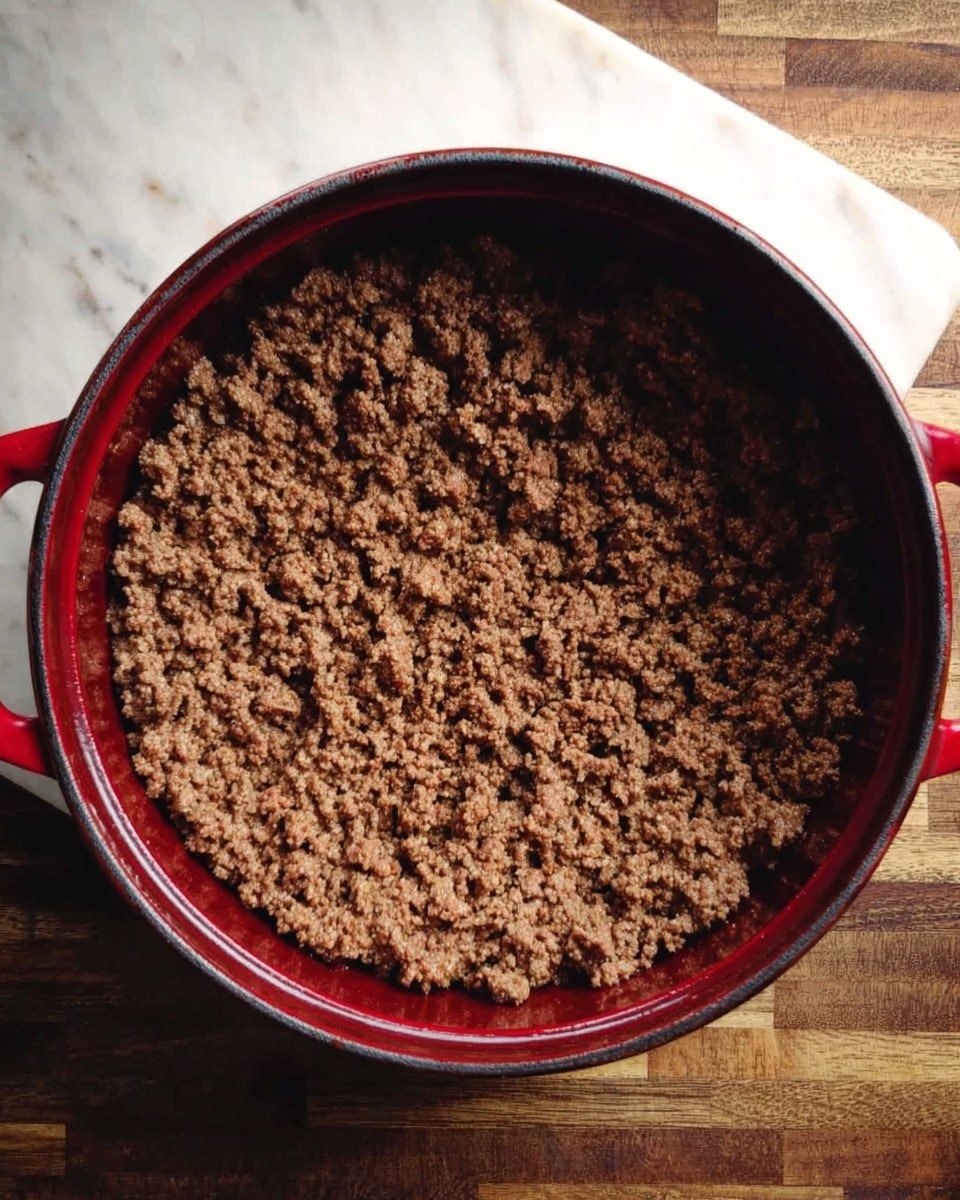 The image shows a dark red cooking pot filled with cooked ground meat, spread evenly across the bottom layer. The coarse texture of the meat is visible, with small crumbled pieces throughout. The pot is placed on a white marbled surface with wooden textures visible around it. Photo taken with an iphone --ar 4:5 --v 7