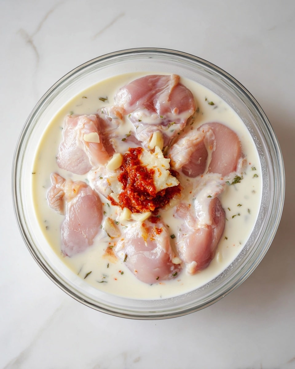 A clear glass bowl sits on a white marbled surface, filled with eight pieces of raw light pink chicken thighs layered at the bottom. The chicken is covered with a creamy white liquid that almost reaches the bowl's rim. On top, near the center, there are small chunks of pale yellow garlic and a dollop of bright red sauce. Tiny green herb flakes float gently in the liquid around the chicken. photo taken with an iphone --ar 4:5 --v 7