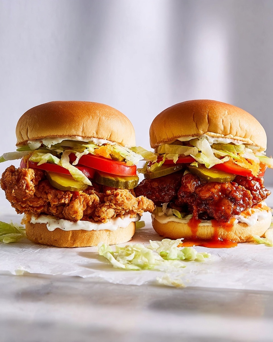 Two fried chicken sandwiches sit side by side on white parchment paper over a white marbled surface. Each sandwich has a light brown soft bun with a smooth top. The bottom bun is layered with creamy white mayo, then several dark green pickle slices. On the left sandwich, a crispy golden-brown fried chicken piece rests above the pickles, followed by bright red tomato slices and shredded light green lettuce. The top bun finishes the stack with a spread of mayo. The right sandwich holds a darker, saucy fried chicken piece with a sticky glaze, shining under the light, layered with similar tomato slices and shredded lettuce, and a slightly dripping orange sauce beneath the top bun. Some lettuce pieces are scattered around the sandwiches. The background is a soft gradient of light colors. Photo taken with an iphone --ar 4:5 --v 7