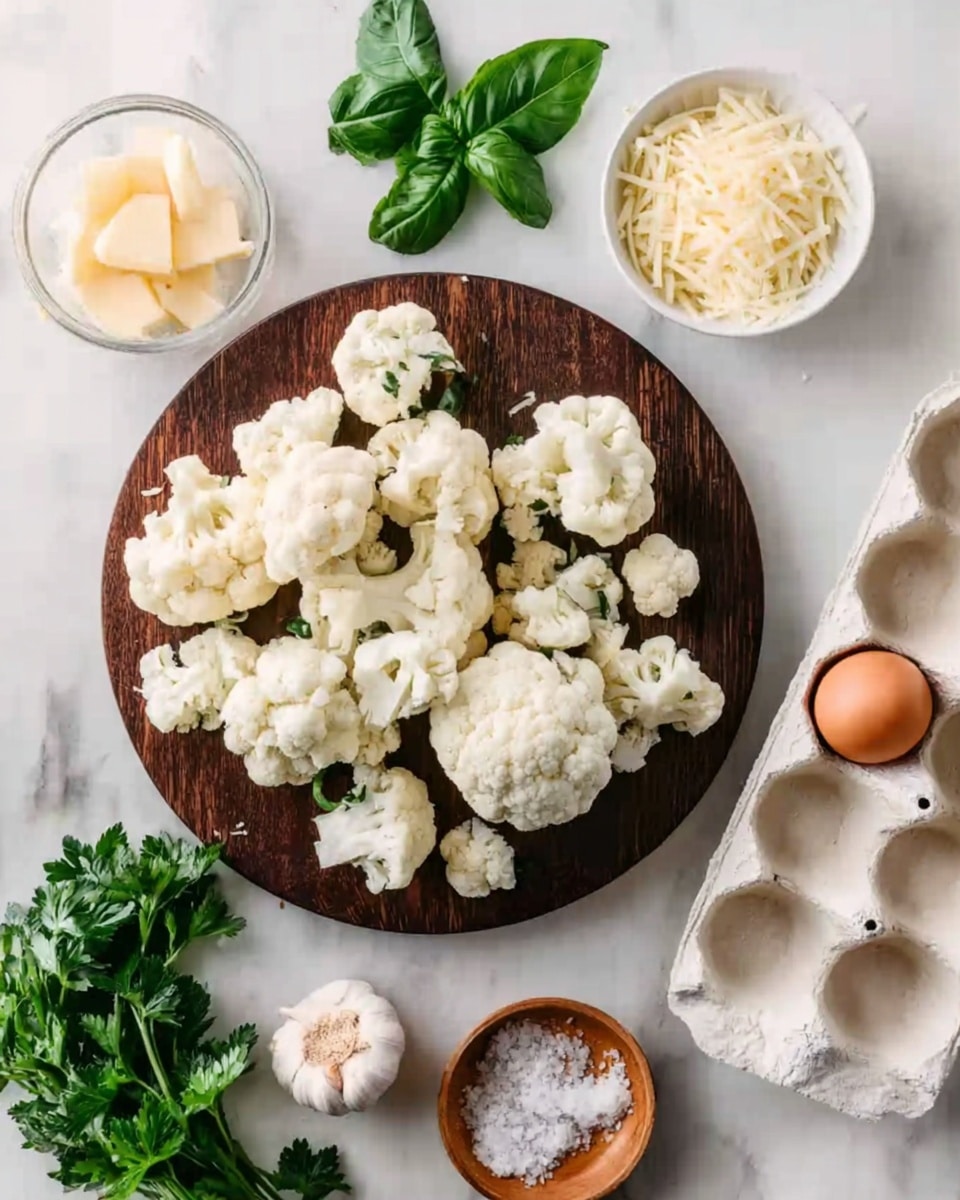 The image shows a dark wooden round board filled with white cauliflower florets of different sizes placed on a white marbled surface. Above the board, there is a small white bowl with slices of cheese and another small white bowl with shredded cheese. Fresh green basil leaves are placed near the bowls, and an open white egg carton with a single egg is seen on the right side. On the left side at the bottom, there are sprigs of fresh parsley, a small bunch of garlic cloves, and a small wooden bowl of coarse salt. The photo taken with an iphone --ar 4:5 --v 7