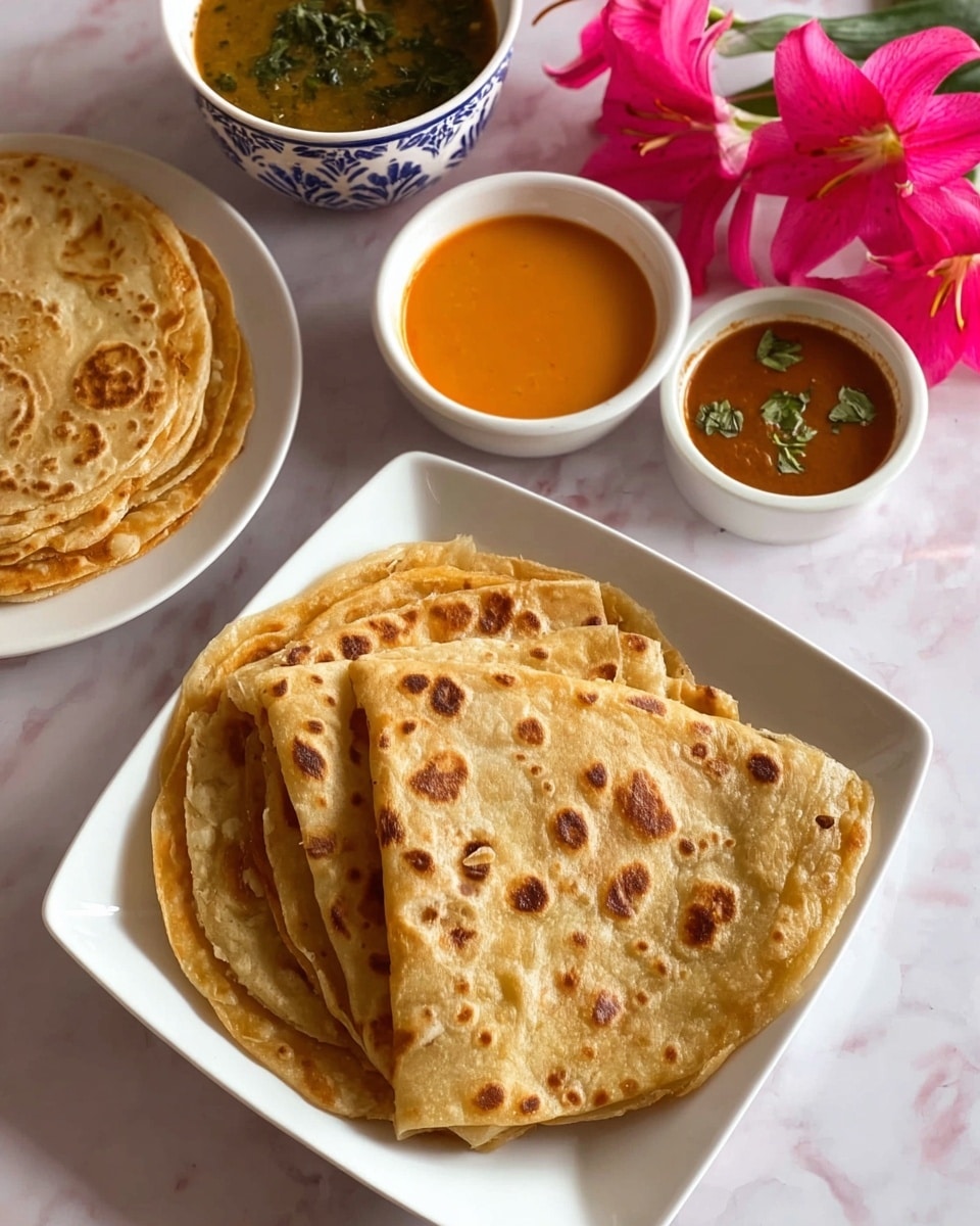 The image shows five golden brown folded flatbreads stacked neatly in a white square plate on the right side, each with small darker brown spots that create a cooked texture. On the left side of the plate, there are two small white bowls, one filled with a light orange liquid and the other with a darker brown sauce with visible herbs. Behind the plate, there is another white plate with more folded flatbreads stacked in a pile. To the top left, a white bowl with a blue pattern on the outside contains a dark greenish-brown soup. The surface underneath is a white marbled texture, and bright pink lilies provide a colorful accent on the left edge of the image. photo taken with an iphone --ar 4:5 --v 7
