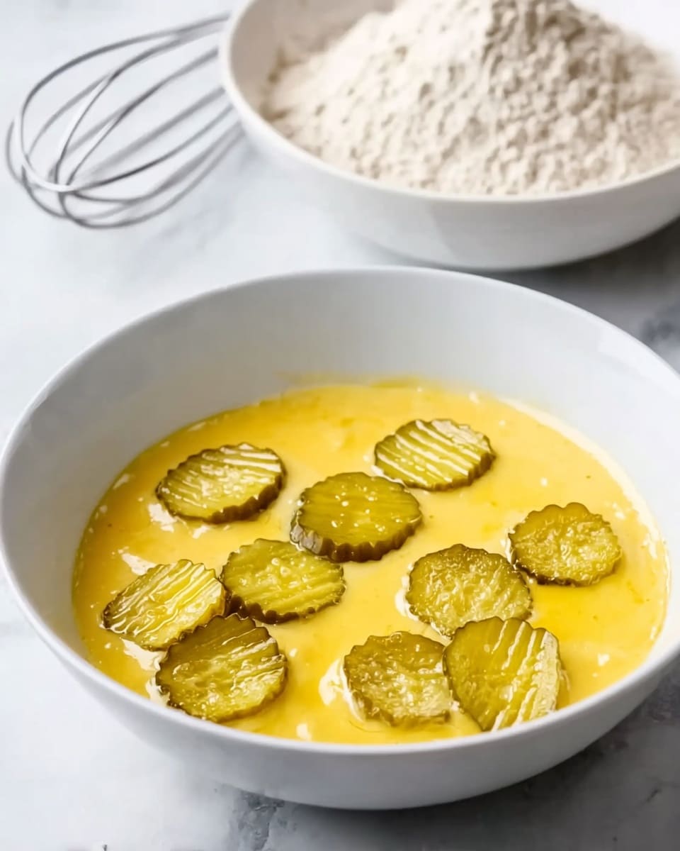A white bowl filled with a smooth, yellow beaten egg mixture, with several green pickle slices floating on top. The pickle slices have a ridged texture and are spread evenly across the surface of the egg. In the background, there is another white bowl filled with pale flour. A metal whisk and a white marbled surface can be seen surrounding the bowls. Photo taken with an iphone --ar 4:5 --v 7