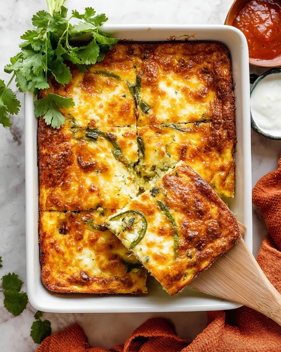 The image shows a golden-brown baked casserole in a white rectangular baking dish with four visible sections. The top layer is bubbly and browned cheese with a slightly crispy texture. Underneath the cheese, you can see a soft, creamy layer with hints of green herbs and vegetables. A wooden spatula is lifting one square piece from the right side, showing the thick, soft inside with melted cheese and green vegetable strips running through it. Fresh cilantro leaves garnish the top left corner of the dish. The baking dish sits on a white marbled surface with a small bowl of red sauce and a bowl of white sour cream nearby, both slightly out of focus. There is an orange cloth partially visible at the bottom right corner. Photo taken with an iphone --ar 4:5 --v 7