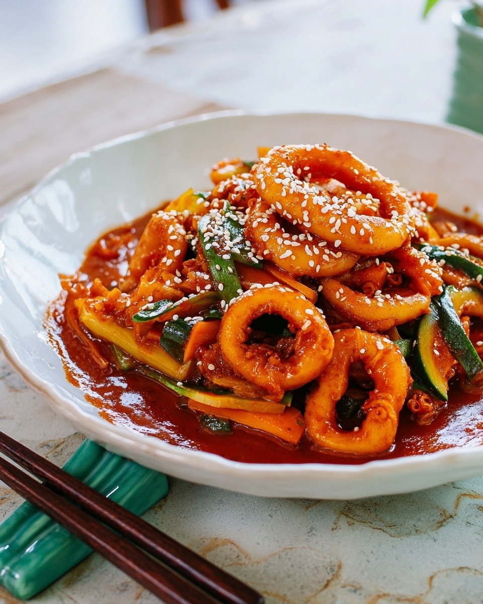 A white deep plate filled with thick, glossy orange-red sauce coating three layers: large curled squid rings on top sprinkled with white sesame seeds, a layer of sliced green and orange vegetables beneath, and a base layer where the sauce pools richly. The squid has a firm texture with a shiny, slightly sticky look, while the vegetables appear tender. The plate is set on a white marbled surface with dark wooden chopsticks resting beside it on a green holder. Photo taken with an iphone --ar 4:5 --v 7