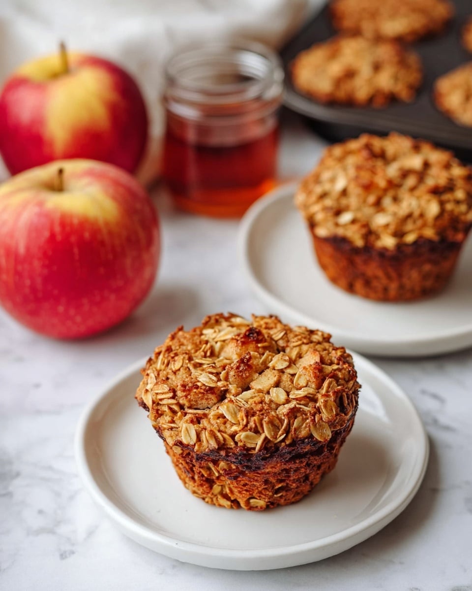 The image shows two oat muffins, each sitting on a white plate, with a rough texture made of oats and small apple pieces visible in the mix. The muffins are golden brown with some darker toasted areas for a crunchy look. Two red apples with yellow streaks lie behind the plates, one smaller jar of maple syrup is seen between the apples, and a dark baking tray sits in the background on a white marbled surface. The overall look is warm and inviting, with natural tones of brown, red, and white in soft light. photo taken with an iphone --ar 4:5 --v 7