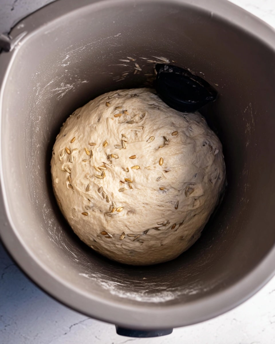 The image shows a close-up of bread dough inside a gray bread machine pan. The dough is shaped in a rounded mound and has visible sunflower seeds mixed throughout. The dough's texture looks soft and sticky, with a slightly shiny surface. The pan interior is smooth and plain with a small black paddle near the dough. The background is a white marbled texture. photo taken with an iphone --ar 4:5 --v 7