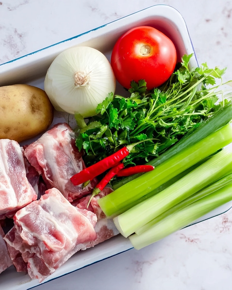 The image shows a white tray on a white marbled surface filled with fresh ingredients. On the left side, there is a light brown potato next to a red tomato and a white garlic bulb. Behind them, a white onion is partially visible. In the middle and right side of the tray, there is bright green celery, dark green scallions, fresh green parsley, and two small red chili peppers. On the far right of the tray, raw pork ribs with a light pink color and white fat are arranged. Photo taken with an iphone --ar 4:5 --v 7