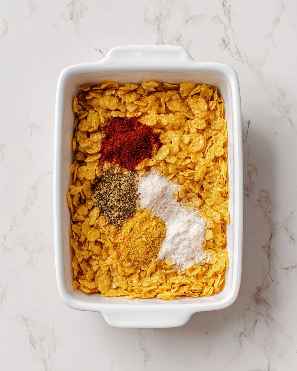 A white rectangular baking dish filled with crushed yellow cornflakes forming the bottom layer, rough and uneven in texture. On top of the cornflakes, there are four small piles of spices arranged in a rough diamond shape: a dark red powder at the top left, a white granular powder to its right, below it a mixed yellow and black spice blend, and at the bottom left, another red spice but slightly brighter. The dish sits on a white marbled surface with soft veins of grey. photo taken with an iphone --ar 4:5 --v 7