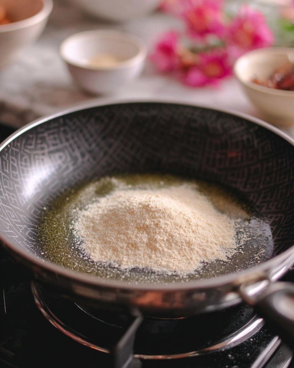 A close-up view of a black pan with a subtle geometric pattern inside, containing a mound of light beige granulated powder in the center, which is sitting on a shiny, melted butter layer that gently spreads below it. The pan rests on a black stove burner, and in the soft background, there are blurred pink flowers and round white bowls with some ingredients, all placed on a white marbled surface. The light source highlights the texture of the powder and the shine of the butter, giving the scene a warm, kitchen feel. photo taken with an iphone --ar 4:5 --v 7