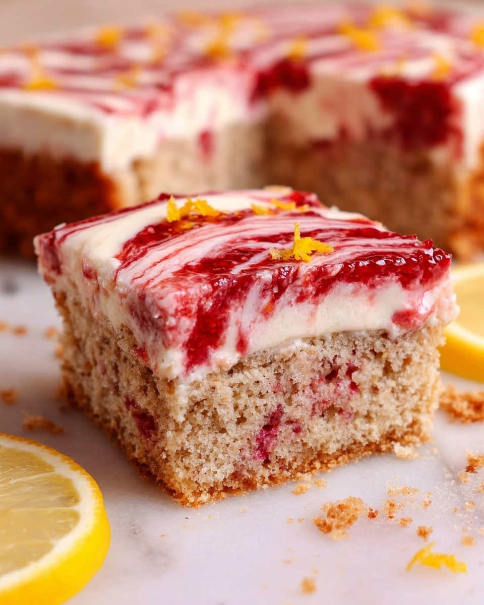 A square cake with one thick layer of light brown sponge base topped with a thick spread of creamy white frosting mixed with swirls of red jam, creating a marbled effect. The frosting is decorated with small yellow lemon zest pieces scattered all over and a thin lemon slice placed on the top left corner of the cake and another slice resting on the separated right slice. Two square pieces are cut from the front left and placed back closely. The cake sits on white parchment paper over a white marbled surface, with lemon halves and a jar of red jam visible in the background. Photo taken with an iphone --ar 4:5 --v 7