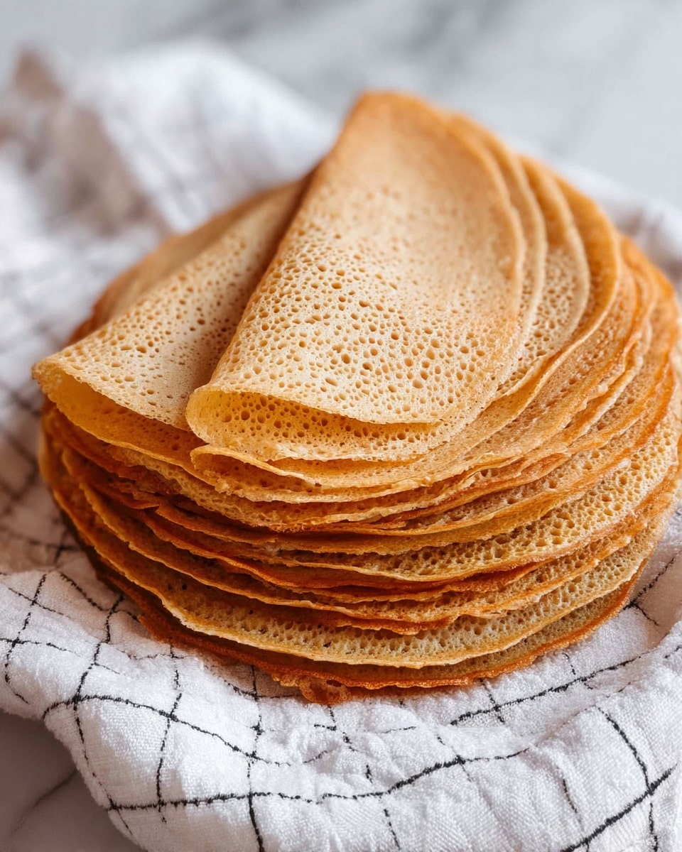 A stack of thin, round, light brown pancakes with many small holes on the surface is placed on a white cloth with a black grid pattern. The pancakes have a slightly uneven texture and soft edges. A woman's hand with coral orange nail polish is lifting the top pancake to show its thinness and hole-filled surface. The scene is set on a white marbled surface. photo taken with an iphone --ar 4:5 --v 7