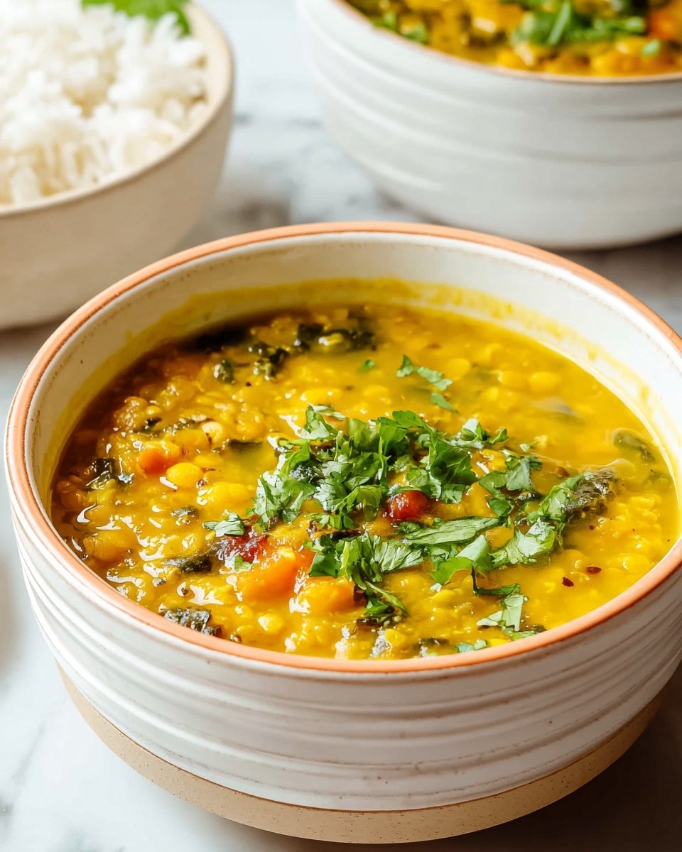 A bowl with a white ribbed texture and a thin orange rim is filled with a thick, yellow-orange lentil soup. The soup has a chunky texture with visible pieces of lentils and spices. Green herbs, likely cilantro, are sprinkled generously over the top, adding vivid green contrast to the warm soup colors. The bowl sits on a white marbled surface with a blurred second bowl and a plate of white rice in the background. photo taken with an iphone --ar 4:5 --v 7