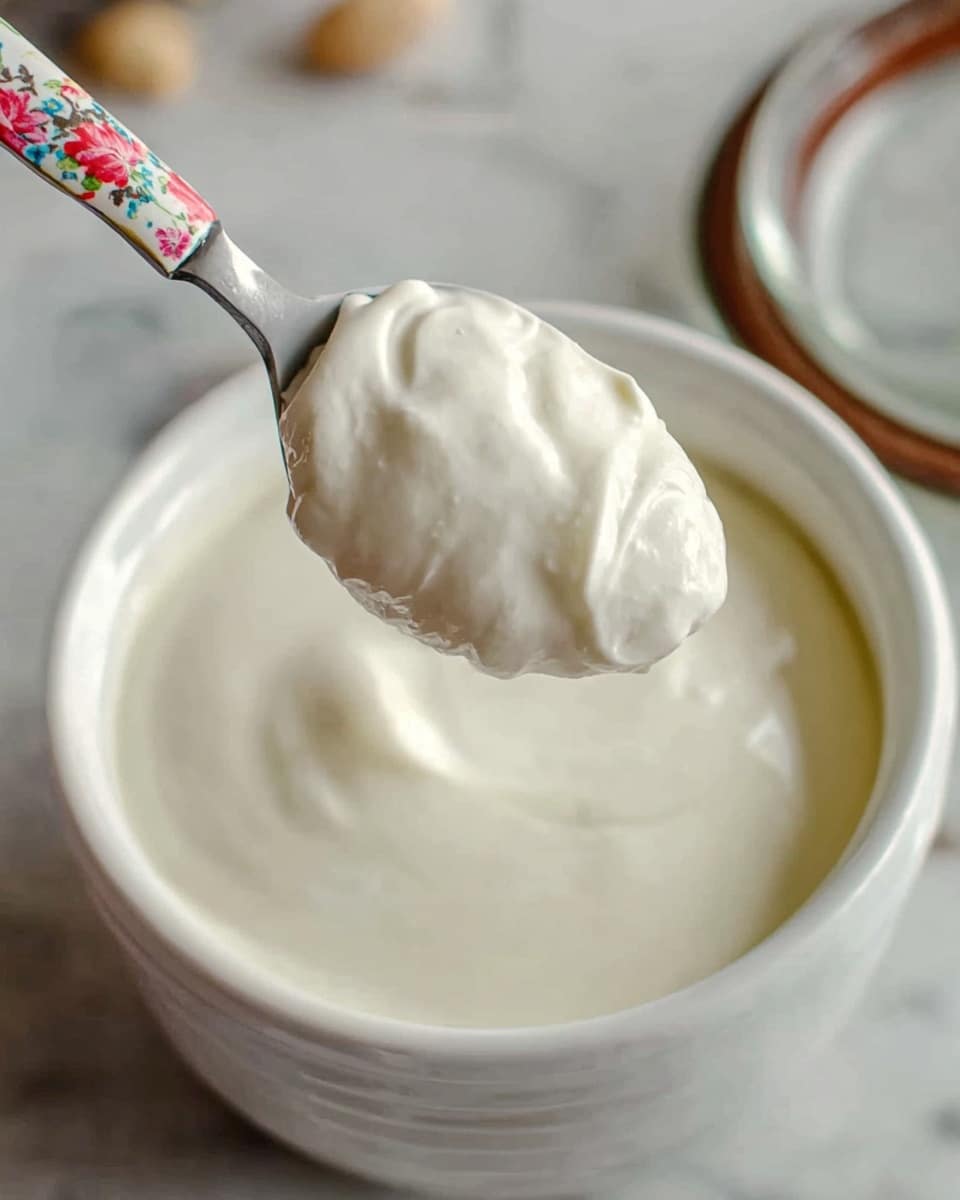 The image shows a close-up of a white ceramic bowl filled with smooth, creamy white yogurt. A spoon with a colorful floral-patterned handle is held above the bowl, scooping up a thick dollop of yogurt that has a soft, shiny texture with small folds on its surface. The background is a white marbled surface with hints of brown tones blurred out, and a partial view of the bowl's lid is seen off to the right side. Photo taken with an iphone --ar 4:5 --v 7