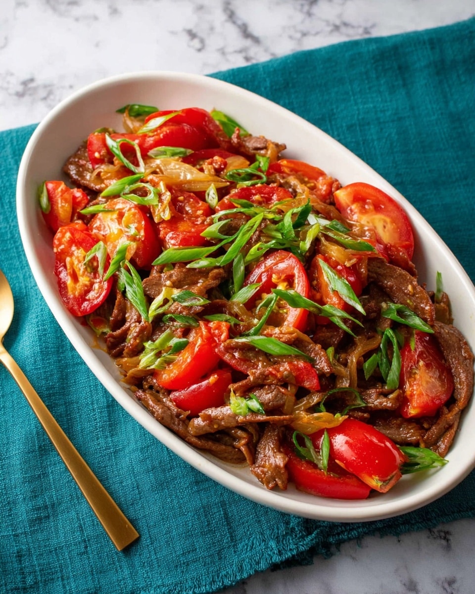 A white oval dish holds a vibrant stir-fry with three main layers: the bottom layer is thin brown beef strips coated in a light sauce, the middle layer consists of bright red tomato wedges scattered evenly, and the top layer is fresh green chopped spring onions sprinkled all over, adding a fresh look. The dish sits on a teal cloth against a white marbled textured surface, with a gold spoon placed nearby. photo taken with an iphone --ar 4:5 --v 7