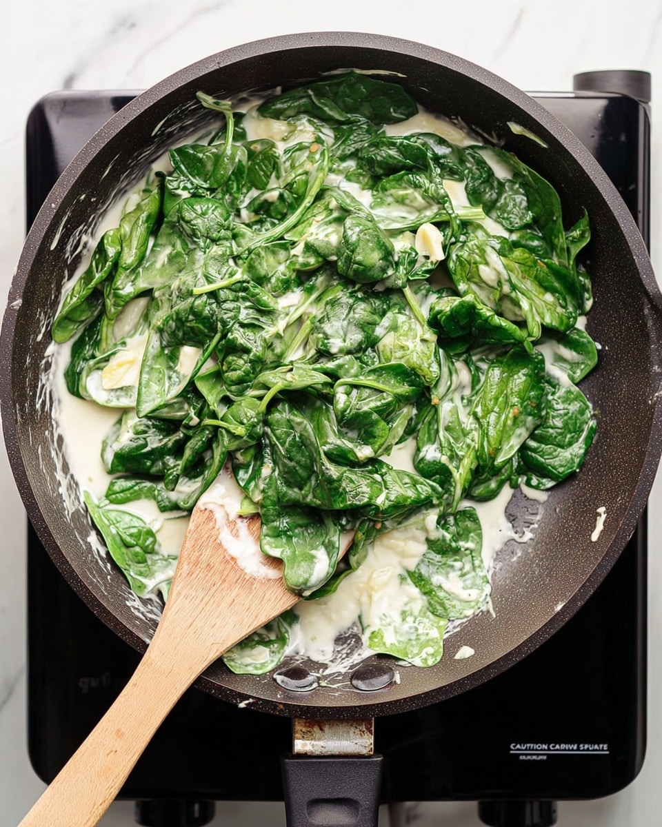 A dark pan filled with fresh, bright green spinach leaves coated in white creamy sauce; the spinach is layered thickly across the pan, some leaves folded and others flat, with small bits of garlic visible in the sauce. A light wooden spatula is stirring the mixture from the bottom left, partially covered with the creamy mixture and spinach. The pan sits on a black electric stove with the label