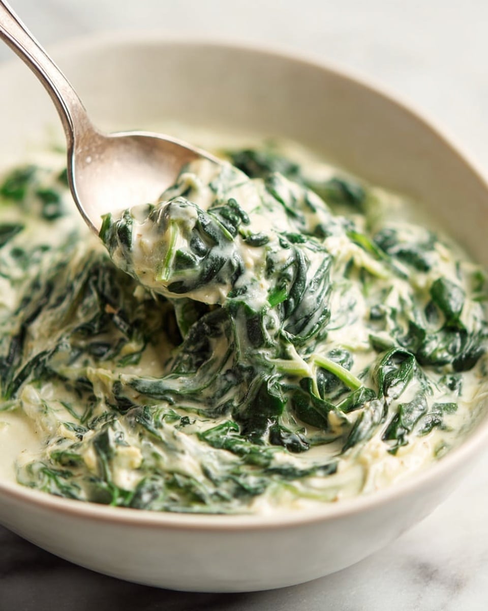 A close-up showing a bowl of creamy spinach dip with visible layers of dark green spinach leaves mixed in a thick, smooth white sauce. The spinach leaves are soft but still hold shape, and the sauce has a rich, slightly lumpy texture from bits of cheese or seasoning. A large silver spoon is scooping some of the dip from the white bowl, sitting on a white marbled surface. The colors mainly include deep green and creamy white, with the spoon adding a metallic touch. photo taken with an iphone --ar 4:5 --v 7