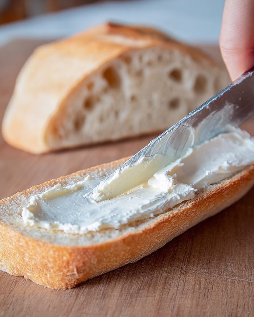 A close-up shows a woman's hand spreading creamy white butter onto a slice of light brown baguette-style bread with a soft, porous texture. The bread slice is on a wooden surface with a second piece of the same bread resting behind it out of focus. The butter is being spread smoothly with a silver knife, creating a thin, even layer over the slice. The overall colors are warm and natural, highlighting the contrast between the soft bread and smooth butter. Photo taken with an iphone --ar 4:5 --v 7